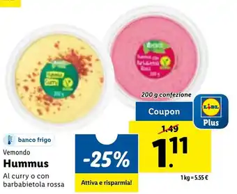 banco frigo Vemondo Hummus Al curry o con barbabietola rossa 200 g confezione