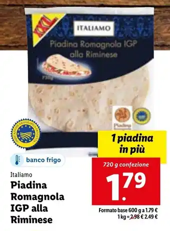 Lidl banco frigo Italiamo Piadina Romagnola IGP alla Riminese 720 g confezione offerta