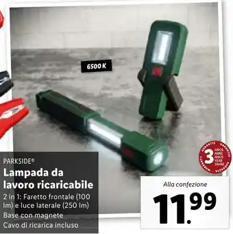 Lidl PARKSIDE Lampada da lavoro ricaricabile 2 in 1: Faretto frontale (100 Im) e luce laterale (250 lm) offerta