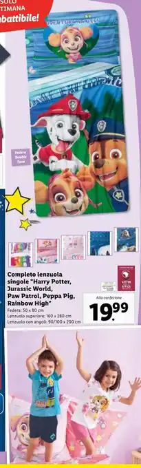 Completo lenzuola singole "Harry Potter, Jurassic World, Peppa Pig, Rainbow High