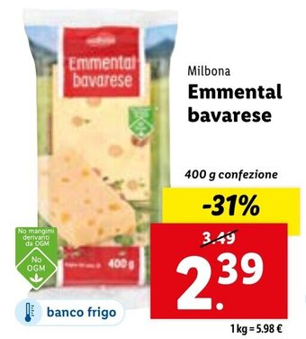 Lidl Milbona Emmental bavarese 400 g confezione offerta
