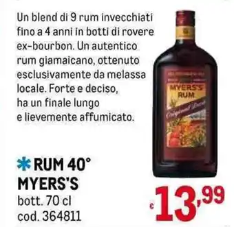 Metro RUM 40° MYERS'S bott. 70 cl offerta
