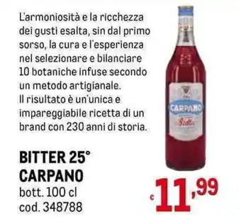 Metro BITTER 25° CARPANO bott. 100 cl offerta