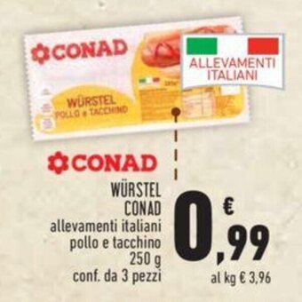 Conad WÜRSTEL CONAD allevamenti italiani pollo e tacchino 250 g conf. da 3 pezzi offerta