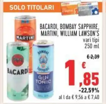 Conad BACARDI, BOMBAY SAPPHIRE, MARTINI, WILLIAM LAWSON'S vari tipi 250 ml offerta