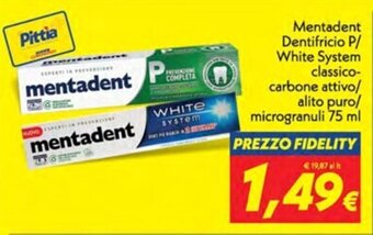 Mentadent Dentifricio P/ White System classico- carbone attivo/ alito puro/ microgranuli 75 ml