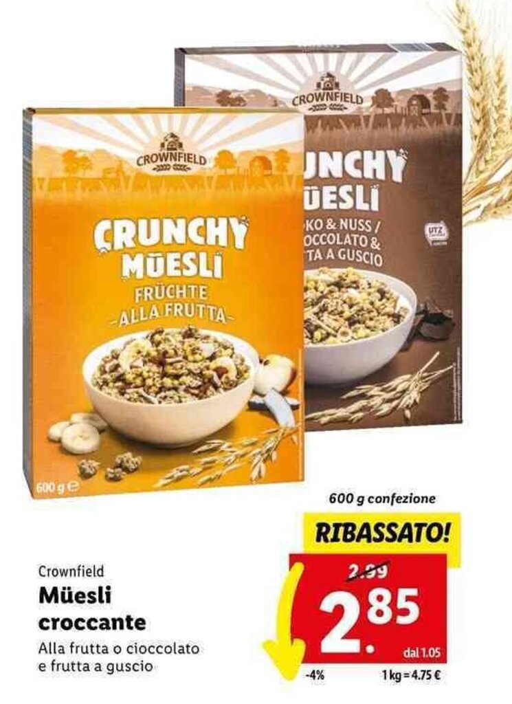 Crownfield Müesli croccante 600 g confezione offerta di Lidl