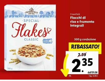 Lidl CROWNFIELD Fiocchi di riso e frumento integrali 500 g confezione offerta