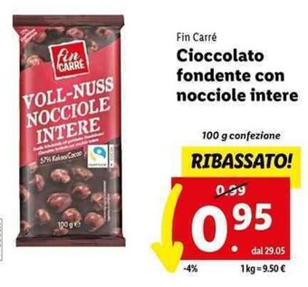 Lidl Fin Carré Cioccolato fondente con nocciole intere 100 g confezione offerta