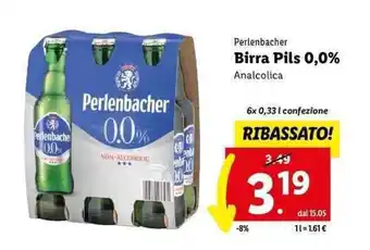 Lidl Perlenbacher Birra Pils 0,0% 6x 0,33 l confezione offerta