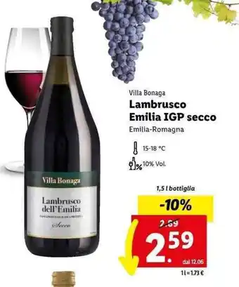 Lidl Villa Bonaga Lambrusco Emilia IGP secco 1,5 l bottiglia offerta