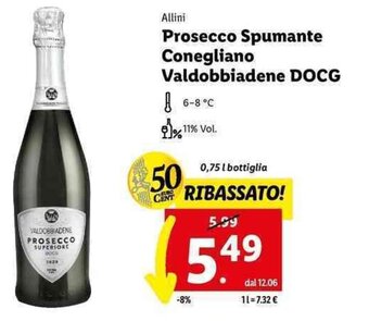 Lidl Allini Prosecco Spumante Conegliano Valdobbiadene DOCG 0,75 l bottiglia offerta