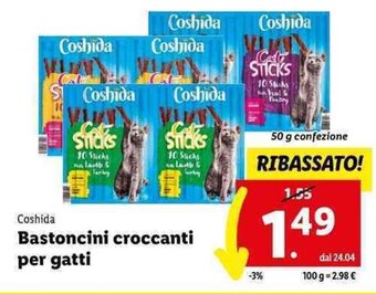 Lidl Coshida Bastoncini croccanti per gatti 50 g confezione offerta