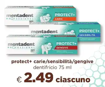Acqua & Sapone mentadent protect+ carie/sensibilità/gengive dentifricio 75 ml offerta