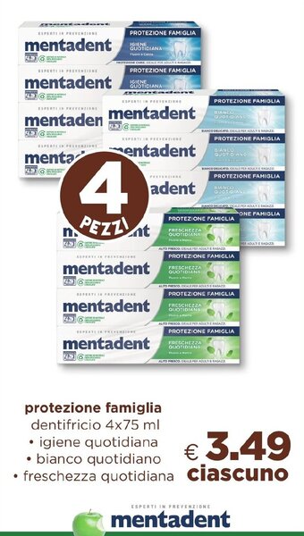 Acqua & Sapone mentadent protezione famiglia dentifricio 4x75 ml offerta