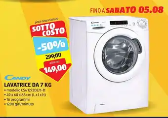 ALDI CANDY LAVATRICE DA 7 KG • modello CS4 1272DE/1-11 • 49 x 60 x 85 cm (L xlxh) •16 programmi • 1200 giri/minuto offerta