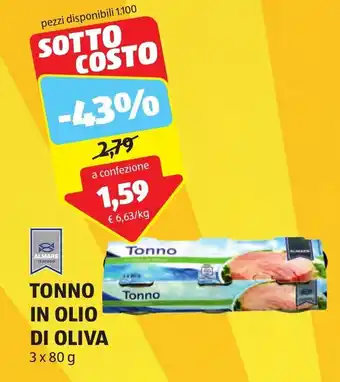 ALDI ALMARE SEAFOOD TONNO IN OLIO DI OLIVA 3x 80g offerta