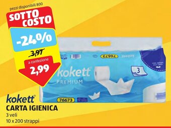 ALDI kokett CARTA IGIENICA 3 veli 10 x 200 strappi offerta