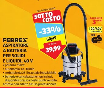 ALDI FERREX® ASPIRATORE A BATTERIA PER SOLIDI E LIQUIDI, 40 V offerta