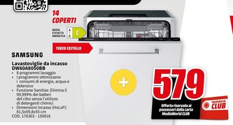 MediaWorld SAMSUNG Lavastoviglie da incasso DW60A8050BB offerta