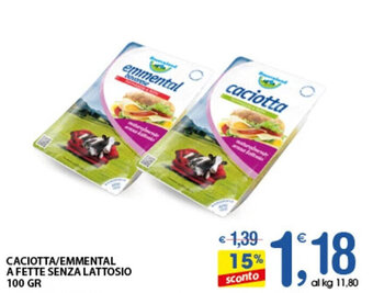 Qui Discount CACIOTTA/EMMENTAL A FETTE SENZA LATTOSIO 100 GR offerta