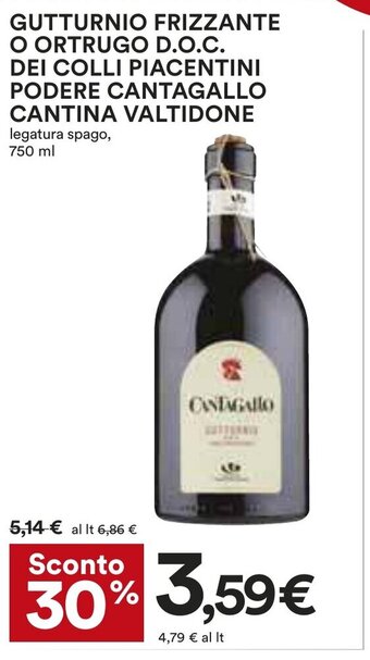 Coop GUTTURNIO FRIZZANTE O ORTRUGO D.O.C. DEI COLLI PIACENTINI PODERE CANTAGALLO CANTINA VALTIDONE legatura spago, 750 ml offerta
