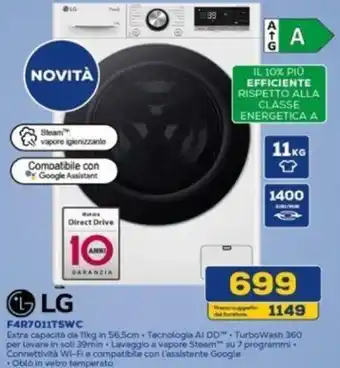 Euronics LG Extra capacità da 11kg in 56,5cm F4R7011TSWC offerta