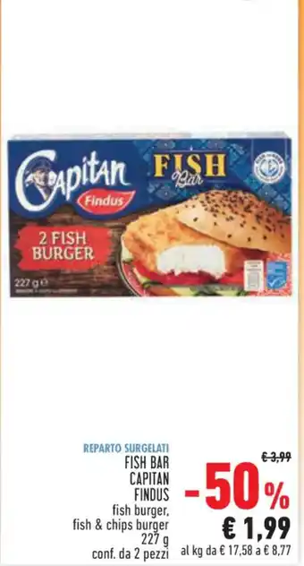Conad REPARTO SURGELATI FISH BAR CAPITAN FINDUS fish burger, fish & chips burger 227 g conf. da 2 pezzi offerta