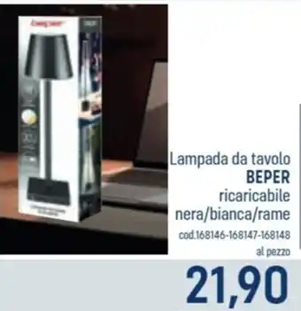 Talento Professional Store Lampada da tavolo BEPER ricaricabile nera/bianca/rame offerta