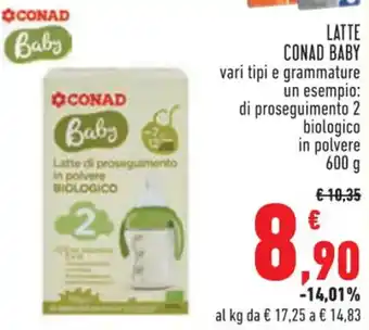 Conad LATTE CONAD BABY di proseguimento 2 biologico in polvere 600 g offerta