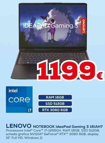 Euronics LENOVO NOTEBOOK IdeaPad Gaming 3 161AH7 offerta