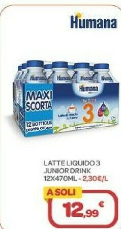 Bimbo Store Humana Latte Liquido 3 Junior Drink 12x470ml offerta