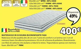 JYSK Materasso In Schiuma Buoninfante F400 offerta