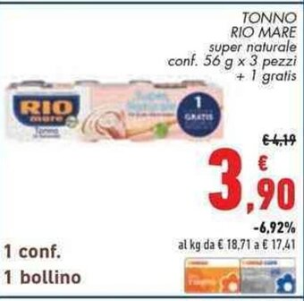 Conad Superstore TONNO RIO MARE super naturale conf. 56 g x 3 pezzi + 1 gratis offerta