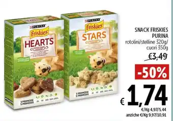 Spazio Conad SNACK FRISKIES PURINA rotolini/stelline 320g/ cuori 350g offerta