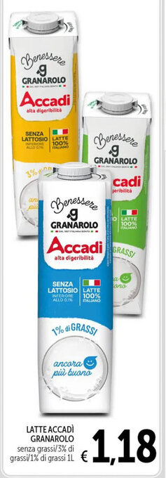 Spazio Conad LATTE ACCADI GRANAROLO senza grassi/3% di grassi/1% di grassi 1L offerta