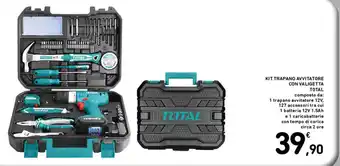 KIT TRAPANO AVVITATORE CON VALIGETTA TOTAL composto da: 1 trapano avvitatore 12V, 127 accessori tra cui 1 batteria 12V 1.5Ah