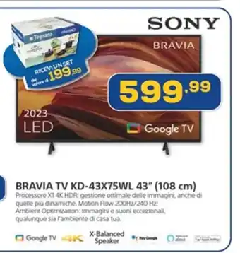 Euronics SONY BRAVIA TV KD-43X75WL 43″ (108 cm) offerta