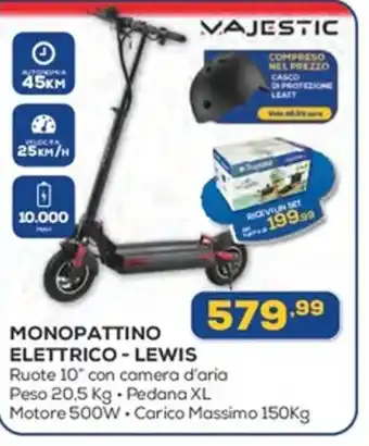 Euronics MAJESTIC MONOPATTINO ELETTRICO-LEWIS Ruote 10" con camera d'aria Peso 20,5 Kg. Pedana XL Motore 500W Carico Massimo 150Kg offerta
