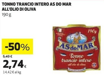 Coop Asdomar Tonno Trancio Intero All'Olio D'Oliva 190 G(ml) offerta