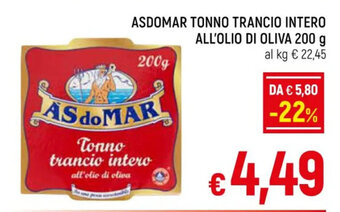 A&O ASDOMAR TONNO TRANCIO INTERO ALL'OLIO DI OLIVA 200 g offerta