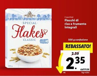 Lidl Crownfield Fiocchi di riso e frumento integrali 500 g offerta