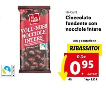 Lidl Fin Carré Cioccolato fondente con nocciole intere 100 g offerta