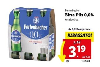 Lidl Perlenbacher Birra Pils 0,0% Analcolica 6x 0,33 l offerta