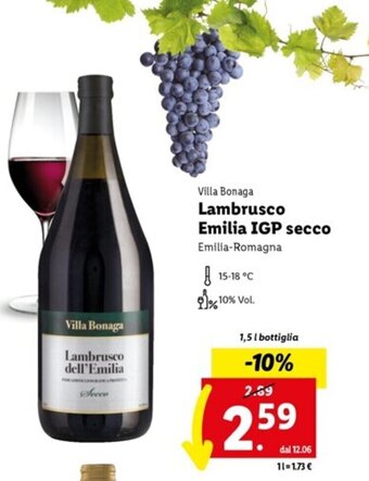 Lidl Villa Bonaga Lambrusco Emilia IGP secco 1,5 l offerta