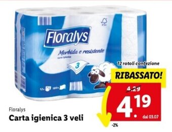 Lidl Floralys Carta igienica 3 veli 12 rotoli offerta