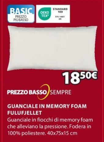 JYSK PREZZO BASSO SEMPRE GUANCIALE IN MEMORY FOAM FULUFJELLET 40 x 75 x 15 cm offerta