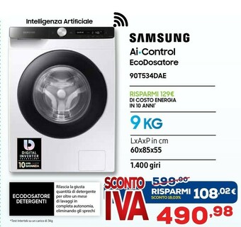 Euronics Samsung WW90T534DAE 9 Kg Ecodosatore Ai Control Libera Installazione Caricamento Frontale 1400 Giri/min Bianco offerta