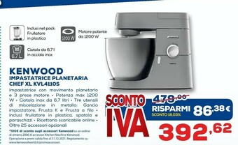 Euronics Kenwood Electronics Chef XL KVL4110S Sbattitore Con Base 1200W Argento offerta