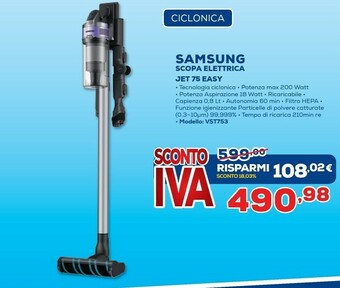 Euronics Samsung Jet 75 Easy Senza Sacchetto 0,8 L 550 W Nero, Cromo, Colore Foglia Di Tè, Viola offerta